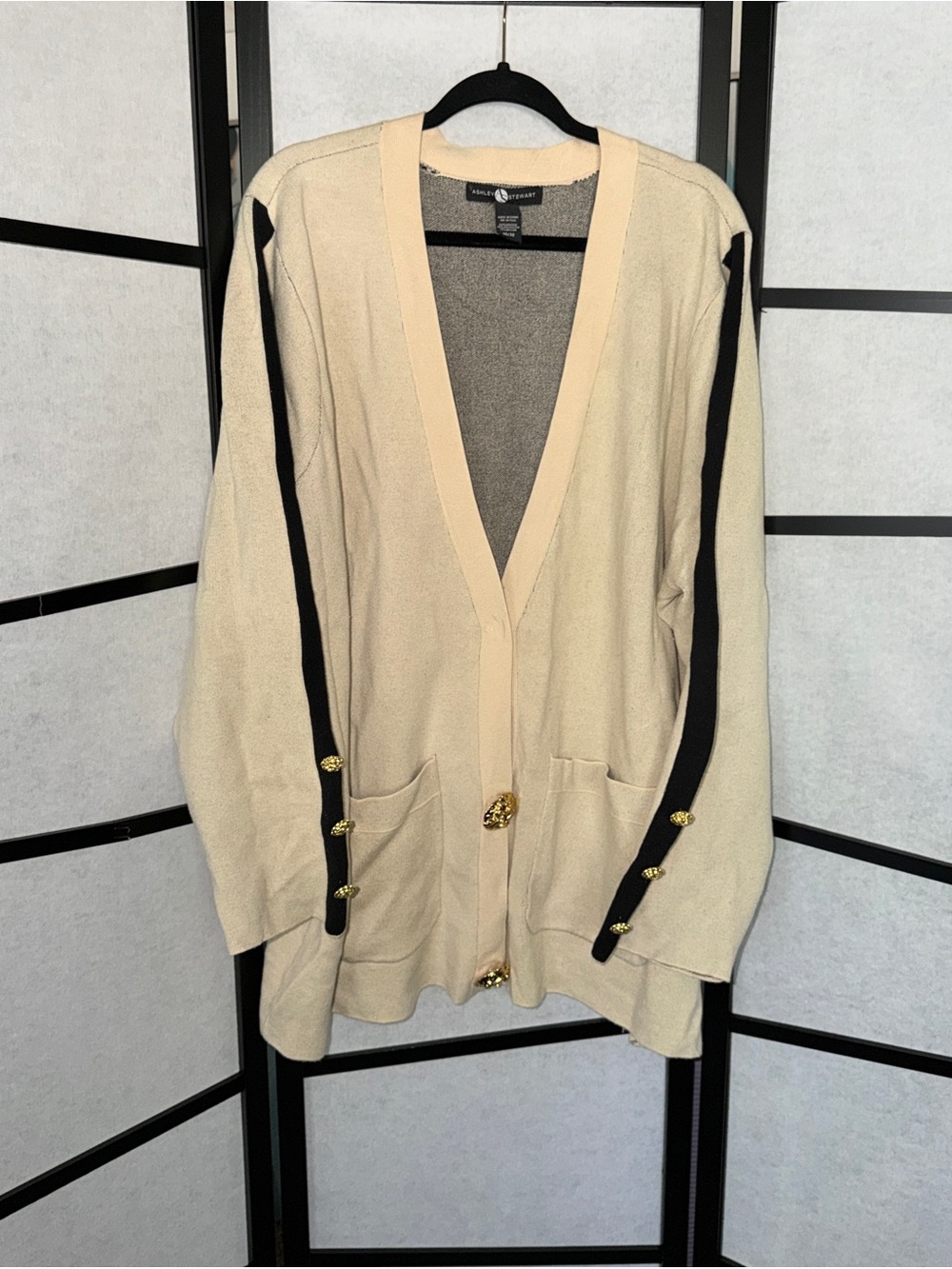 Ashley Stewart Cream Cardigan with Black Sleeve Stripes